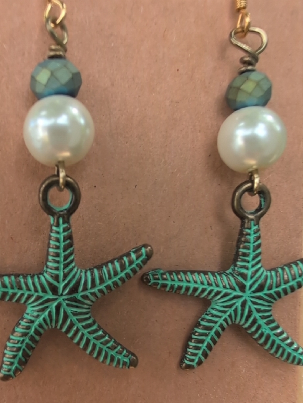 Handcrafted Turquoise Starfish Pearl Drop Earrings - Picture 3 of 3